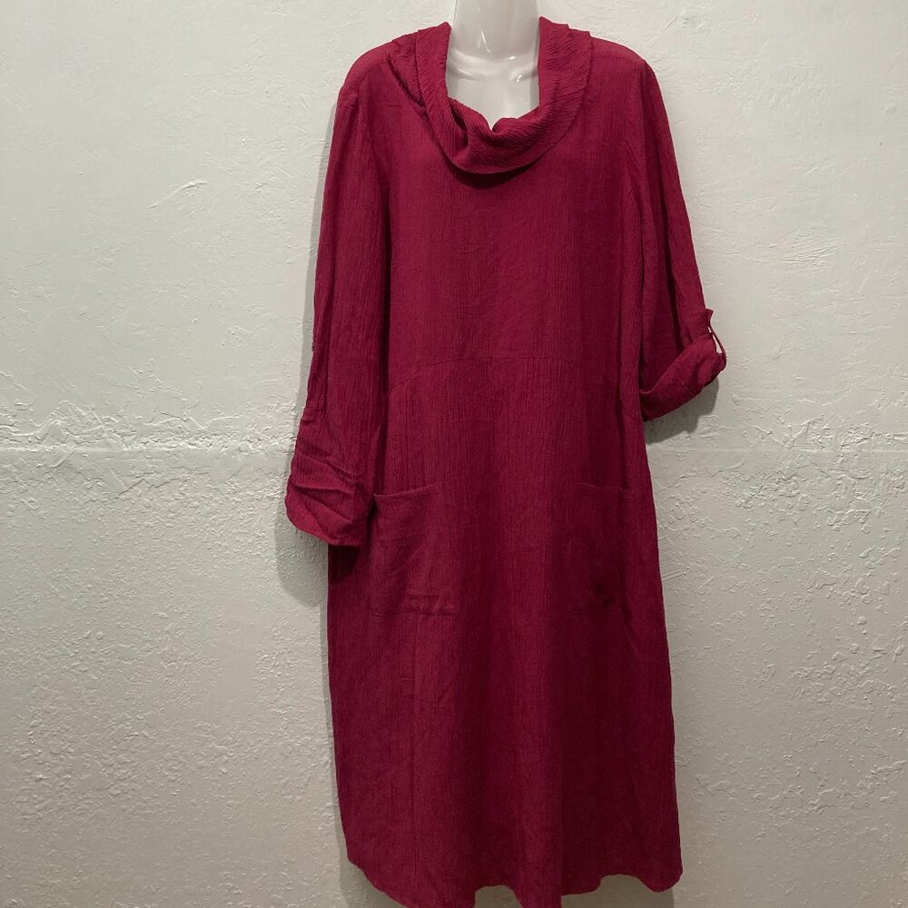 Soft Surroundings Everly Gauze Midi Dress Roll Tab Sleeve Berry Pockets Size L